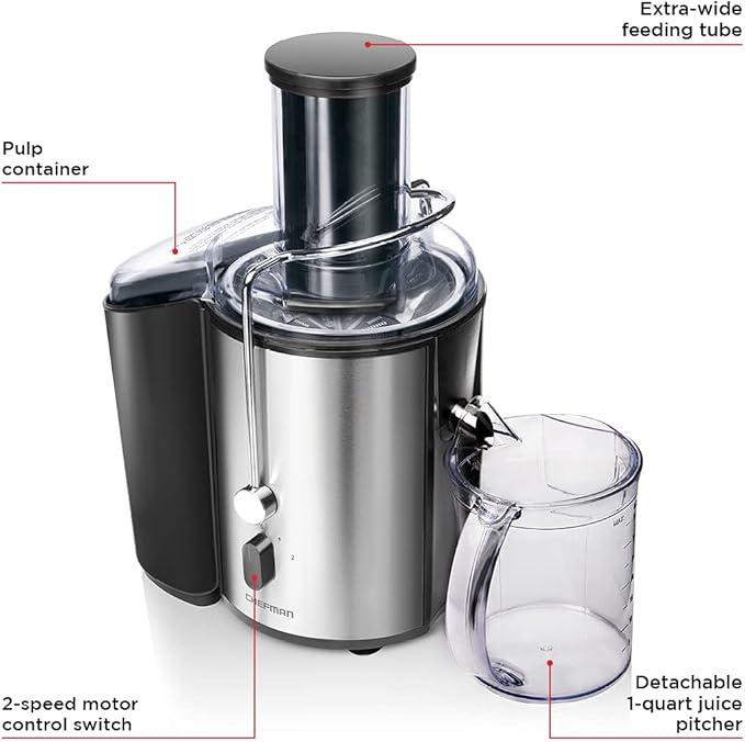 Chefman 2-Speed Electric Juicer, Extra-Wide Feeding Tube For Whole Fruits, Make Nutritious Vegetable And Green Juice, Detachable 1-Quart Pitcher, Built-In Foam Separator, Dishwasher-Safe Parts