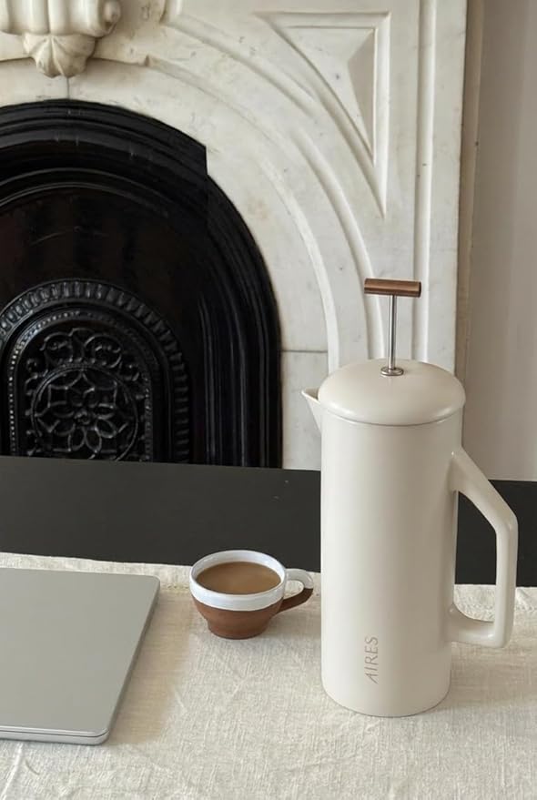 AIRES Ceramic French Press Coffee Maker – 34 oz Heat-Retaining Stoneware – Elegant Neutral Color – Inspired by Buenos Aires Coffee Culture – Gift-Ready with Barista Brewing Guide