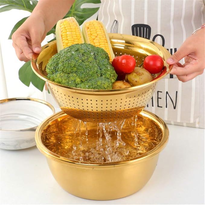 3-In-1 Multifunctional Grater Basin Colander Strainer Set, Mingcheng Stainless Steel Kitchen Grater/Drain Basket/Bottom Basin for Washing Rice, Fruits, Vegetable, Grater with Container (Rainbow)