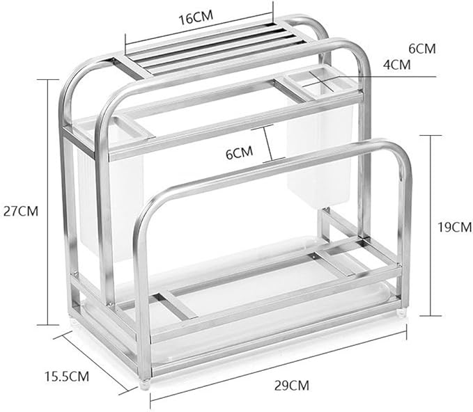 Knife Holder Storage Organizer with Hooks, Stainless Steel Knife Block Holder Cutting Board Rack,Kitchen Utensils Holder with Drainer Tray for Kitchen Countertop