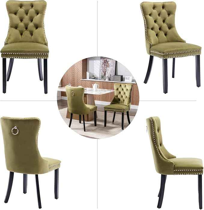 Velvet Dining Chairs Set of 4, Tufted Upholstered Wingback with Back Ring Pull Trim, Solid Wood Legs (Olive Green) for Dining, Living, Kitchen
