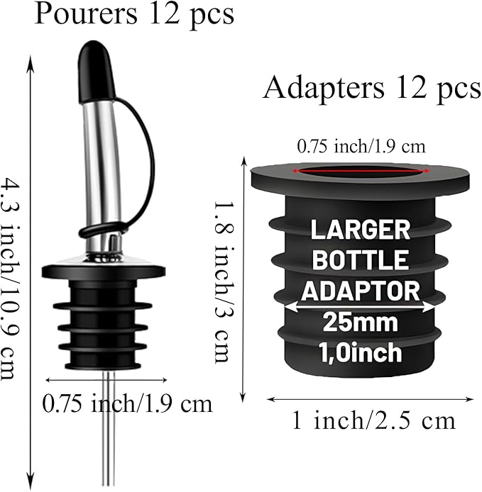 12-Pack Liquor Bottle Pourers with Adapters, Liquor Pour Spout Adapters set for for Large Olive Oil Bottles and Liquor Bottles - Up to 1 Inch/25mm Neck Converts Any Spout into a Large Pour Spout
