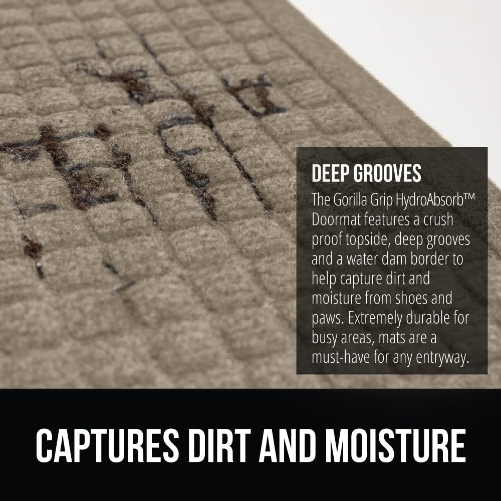GORILLA GRIP Front Door Mat, Indoor Outdoor Ultra Absorbent HydroAbsorb Doormat, Absorbs Up to 1.7 Cups of Water, Stain and Fade Resistant, Rubber Backing Doormats, Captures Dirt, 29x17 Beige
