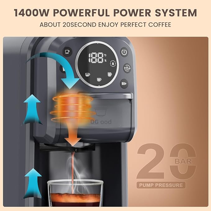 Multi-Capsule Espresso 4in1 Coffee Maker,Single Serve Coffee Machine for Nespresso,Dolce Gusto,ESE Pods & Ground Coffee or Hot Water,Smart & Compact Design in Any Space,20Bar,CM-C05A