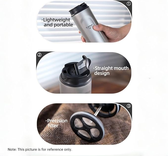 Titanium Water Bottle French Press Pot Milk Frother Coffee Cups 16.23fl oz | Double Layer Thermal Insulation | Leakproof & Packable for Travel & Sports | (Ice Flowers)