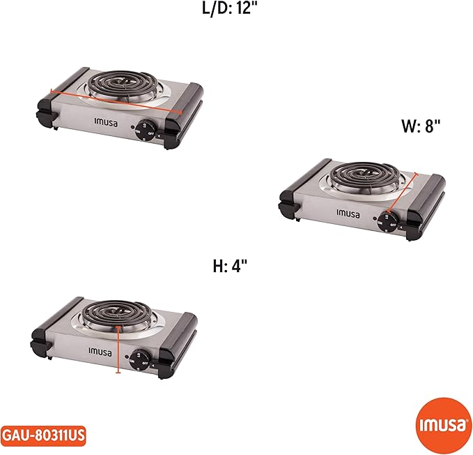 IMUSA USA GAU-80311 Electric Single Burner 1000-Watts, Stainless Steel, Silver
