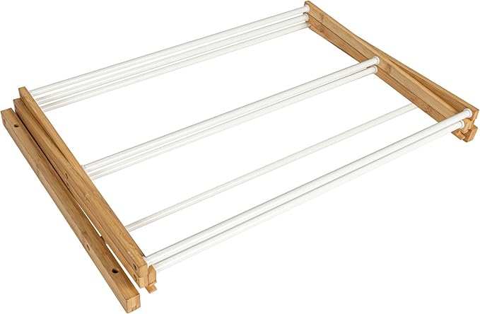 Household Essentials Bamboo and Metal Wall Mount Extendable Drying Rack, Compact Upscale Laundry Rack with 8 Dowels, White