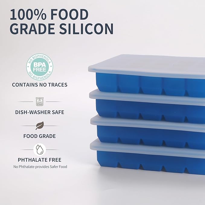 1 Tbsp Silicone Freezer Molds - Perfect for Storing Garlic, Herbs, Ginger, Pesto, Tomato Paste, Lemon Juice,Vegetable Purees,Purees and More - Silicone Food Freezer Tray(Blue 4 Pack)
