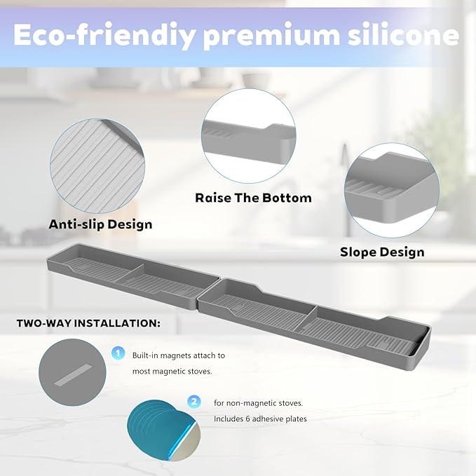 30 Inch Magnetic Silicone Stove Top Shelf,Heat Resistant Over The Stove Spice Rack for Kitchen,Space Saving Organizer Back of Stove,Includes 6 Additional Sticky Boards(Light Grey,30''x3.8'')