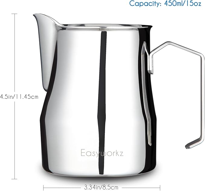 Easyworkz Espresso Steaming Pitcher Stainless Steel 15 oz Latte Art Cup, Bundled with Easyworkz Retro Stainless Steel Coffee Spoon with Black Walnut Handle,10g - Measuring Spoon