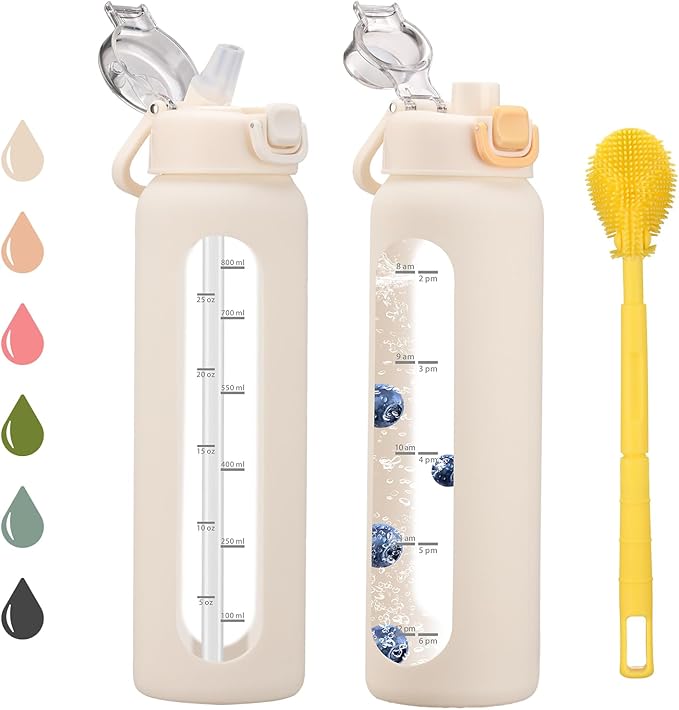 chunmo 32 oz Glass Water Bottles with 2 Lids-Handle Spout Lid & Straw Lid, 1 Liter Motivational Borosilicate Water Bottle with Time Marker and Silicone Sleeve,Leakproof-White-1 Pack