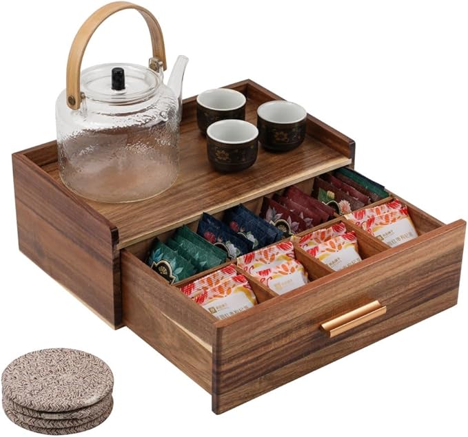 Tea Organizers and Storage Box Tea Station organizer for Countertop with 4 Cotton Woven Coasters Acacia Wood Tea Bag Organizer Drawer Teabag Holder with 8 Compartments Wooden Sugar Packet Holder
