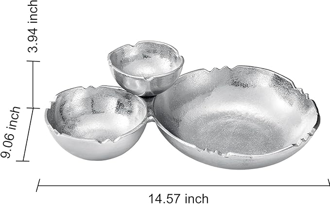 3 Cluster Decorative Bowls Bright Silver Snack Tray Bowl Chip & Dip Serving Piece Strong Brass Centerpiece Beautiful Room Accent & Entertaining Parties Home Decor Wedding Gifts 14.6 Inch Decorative