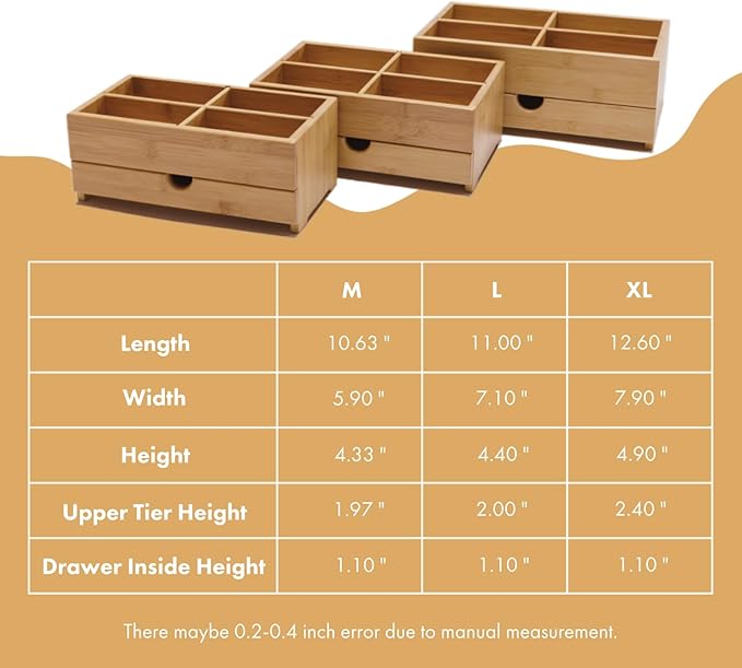 GOBAM Bamboo Makeup Organizers and Storage with Drawer - Wooden Cosmetic Organizer Countertop for Bathroom, Bedroom, Closet, Kitchen, Vanity & Dresser - Make up Vanity Station