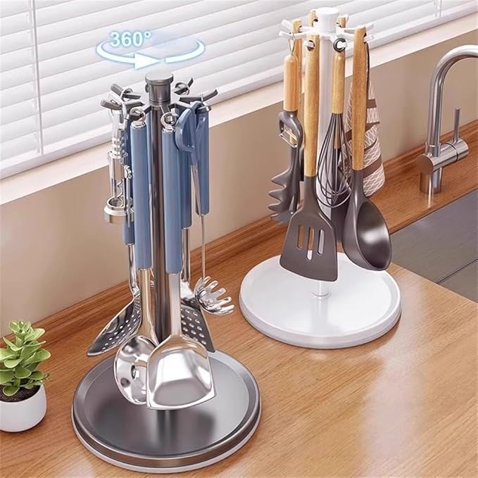 Organizer Rack Rotatable Utensil Holder, With 8 Hooks And 360 Degree Rotation For Kitchen Countertop, Space Saving Organizer For Cooking Tools(Black)
