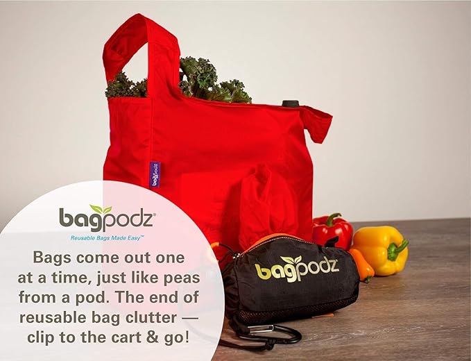 Sturdy Reusable Grocery Bags Foldable and Washable - Made From RipStop Nylon Hold 50lbs - Designed in USA Reusable Shopping Bags Inside a Compact Pod with Carry Clip - 5 Pack in Red
