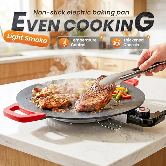Non-Stick Electric Indoor Grill Pan, 2026 Upgraded Indoor Grills Electric Smokeless, Large Round Electric Griddle, Portable Electric KoreanBbq Grills, for Steaks, Pancakes, BBQ (16 inch)