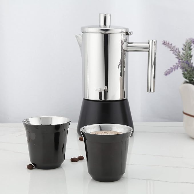 Easyworkz Stainless Steel Espresso Cup 2pcs Set Double Wall 2.5 oz, Bundled Espresso Steaming Pitcher Stainless Steel 12 oz Coffee Frothing Picther Milk Jug Cappuccino Latte Art Cup