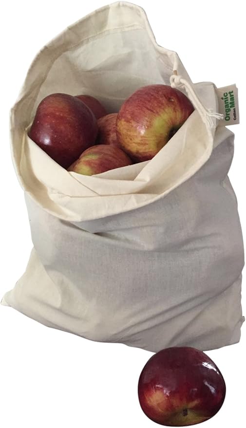 Reusable Grocery Bags for Produce - Small Size Muslin Bags for Brewing and Making Tea - Made of 100% Organic Cotton with Drawstring - Set of 3 (Small - 8"x10")