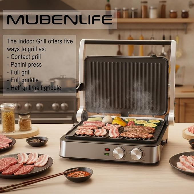 Panini Press,4 Slices Contact Grill with Removable Non-Stick Coated Grill and Flat Plates,Panini Makers with Temperature Control and Timer,Open 180 Degrees,Grill and Griddle (Half black with sus)