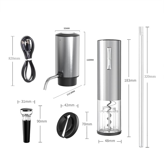 All-in-1 Electric Wine Opener Set with Rechargeable Wine Opener, Rechargeable Wine Aerator Pourer, Foil Cutter and Vacuum Wine Stopper, Ideal gift for Wine Lovers（Silver）