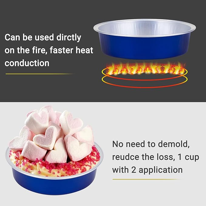Beasea Mini Tart Pan 50 Pack with Lids, 4 Inch 8oz Jewelry Blue Disposable Aluminum Baking Foil Tins Small Round Container for Individual Dessert Cupcake Muffin Cheesecake Ramekins Quiche Oven Dishes
