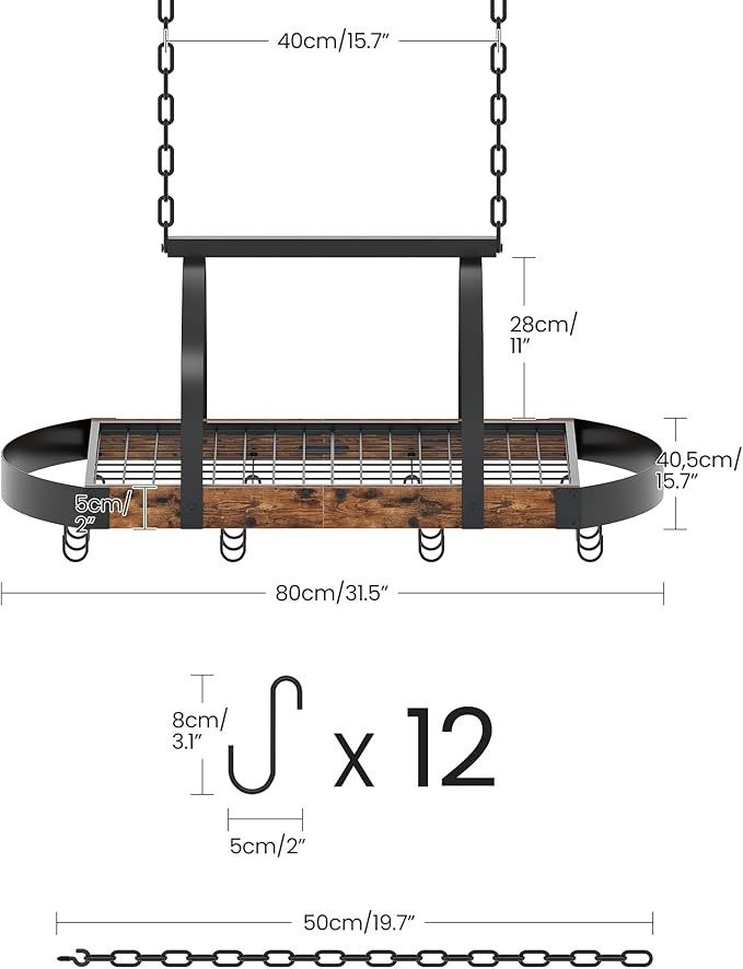 CHOEZON Hanging Pot Rack, Pot Hanger for Kitchen, Ceiling Mounted Pot Holder, Cookware Organizer with 12 S-Shaped Hooks, for Pot, Pan Storage, Space-Saving, Rustic Brown and Black TPR08BFC1