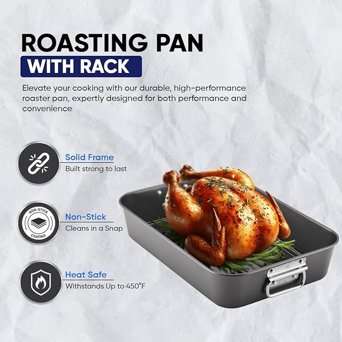 Roasting Pan for Ovens Nonstick Heavy Duty Roasting Pan with Rack Large 11 inch x 15.5 inch For Delicious Family Meals for Cooking Roaster Pan for Meats, Turkey, & Vegetables