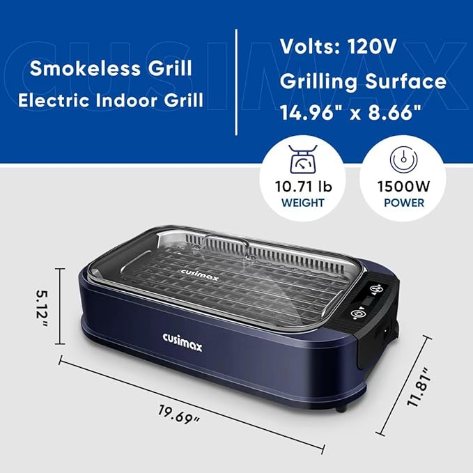 Indoor Grill CUSIMAX Electric Smokeless Grill Portable Korean BBQ with Turbo Smoke Extractor Technology, Non-stick Removable Plate, Tempered Glass Lid, Great for Party(Single Plate)