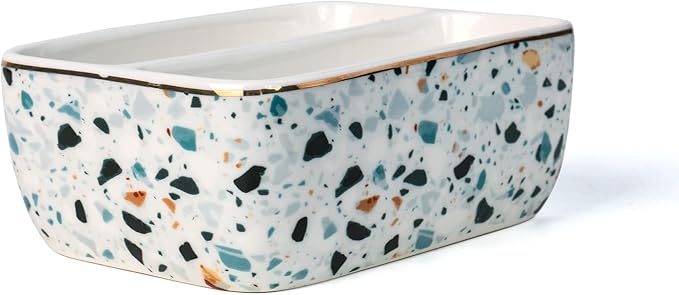 2 Compartments Ceramic Sponge Holder for Kitchen Sink, Unique Terrazzo Marble Pattern Countertop Dish Sponges Holder Soap Sink Organizer Caddy Farmhouse Home Kitchen Decor Light Blue