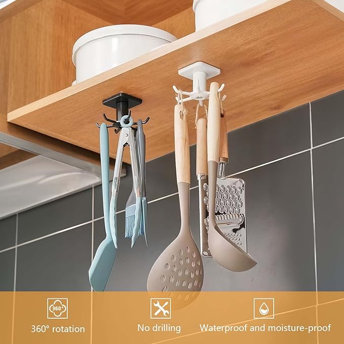 3PCS Under Cabinet Hooks for Kitchen Utensils, 360° Rotating Utility Hooks, Space-Saving Adhesive Kitchen Storage Rack for Hanging Tools and Utensils, Durable and Easy Installation (Black + Grey)