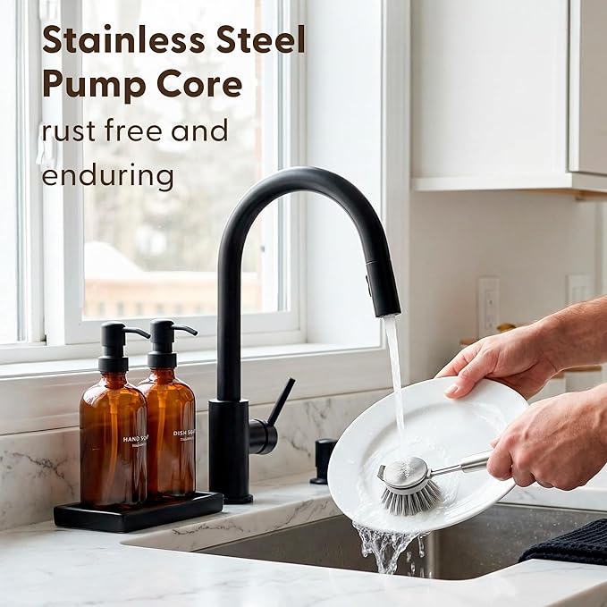 Maisonovo Kitchen Soap Dispenser Set - Hand and Dish Soap Dispenser Set with Amber Glass Soap Dispenser, Black Pumps & Ceramic Tray