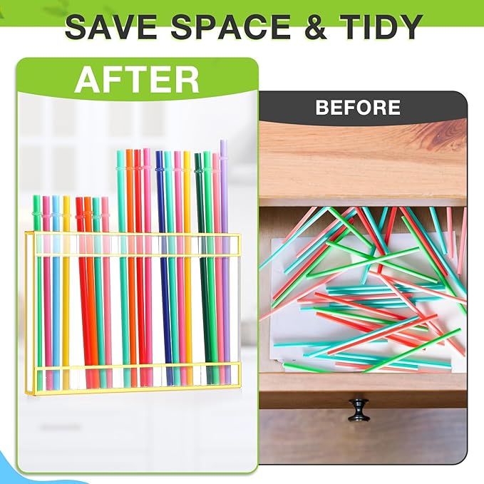 Qinyoung Acrylic Straw Holder for Cabinet Door with Double Sided Adhesive Tape Reusable Straw Organizer Tumbler Storage Kitchen Accessories Container for Counter Cupboard(Gold Trim,Large,Clear)