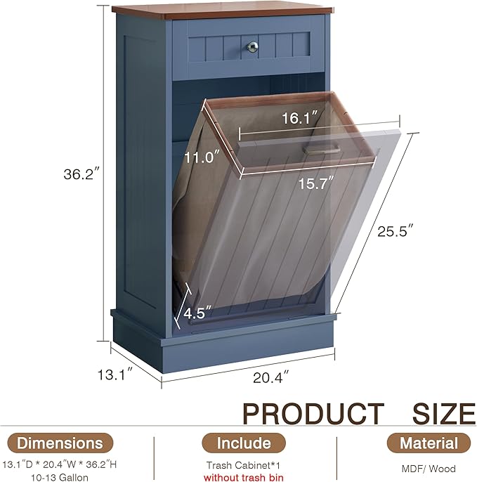 KIGOTY Tilt Out Trash Cabinet,Wooden Kitchen Trash Bin Holder Garbage Bin Recycling Cabinet Laundry Hamper with Solid Wood Countertop and Hideaway Drawer (Haze Blue)