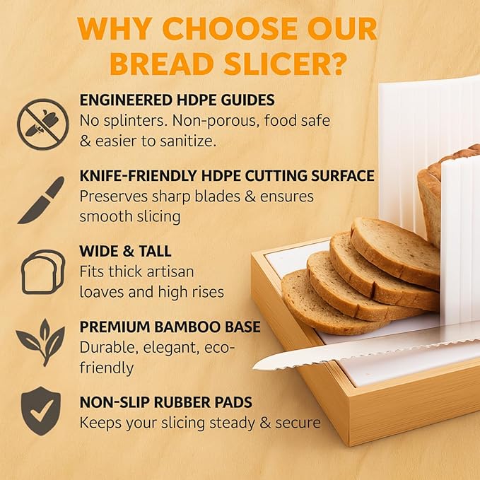 Bread Slicer Guide Cutter for Slicing Homemade Bread, Sourdough, Bagel, Loaves - 3 Adjustable Thickness & Widths, Bamboo Tray, Plastic Base, Foldable Compact, Kitchen Gadget & Gifts