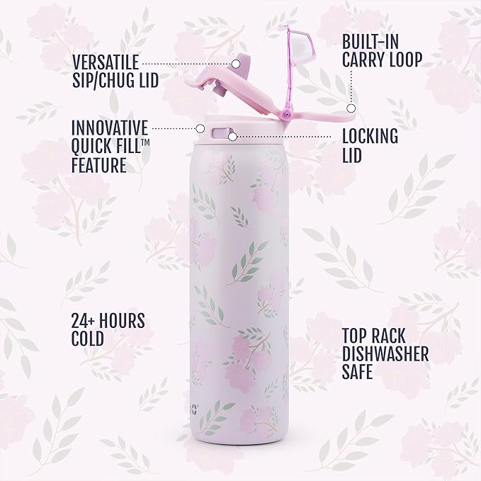 Ello Pop & Fill 32oz Stainless Steel Water Bottle with QuickFill Technology, Double Walled and Vacuum Insulated Metal, Leak Proof Locking Lid, Straw and Chug, Reusable, BPA Free, Blossom Bliss