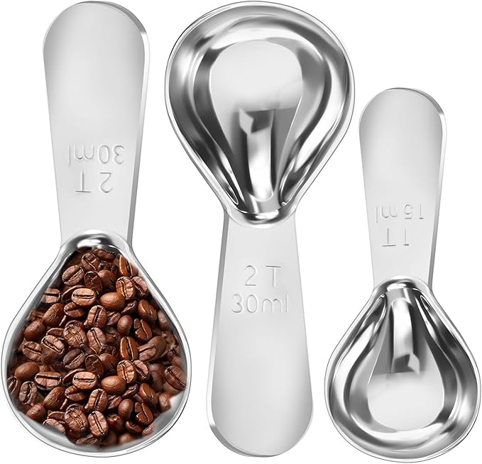 Stainless Steel Coffee Scoop Set - 3 Pc Measuring Spoons (2Tbsp & 1 Tbsp Scoop) for Ground Coffee, Tea, Sugar Or Flour, Short Handles