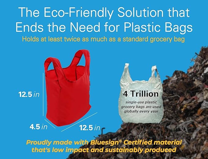Sturdy Reusable Grocery Bags Foldable and Washable - Made From RipStop Nylon Hold 50lbs - Designed in USA Reusable Shopping Bags Inside a Compact Pod with Carry Clip - 5 Pack in Red
