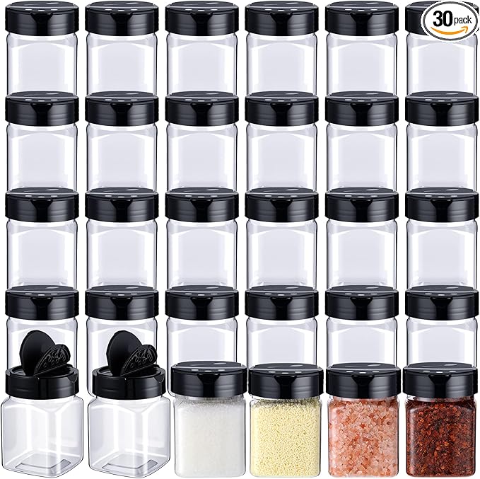 Mimorou 30 Pack Plastic Spice Jars with Shaker Lids Clear Seasoning Containers Spice Bottles for Kitchen Storing Spice Herbs Seasoning Powders(Square,6.1 oz)