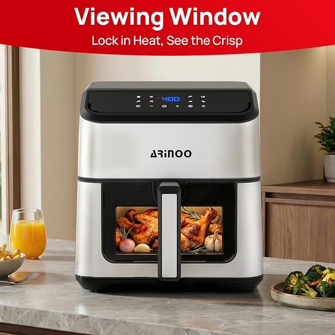 Air Fryer Pro 8 Qt, 8-in-1 Air Fryer with Viewing Window, 360° Rapid Air, 1500W, 80% Less Oil, Nonstick Dishwasher-Safe Basket, PFAS & Teflon-Free, 400°F, Recipe Book, Black