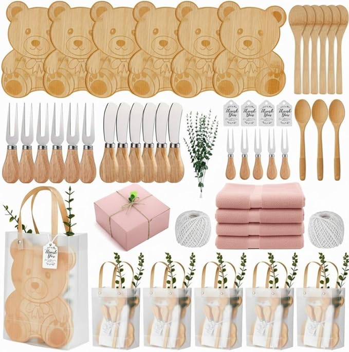 50 Pcs Baby Shower Prizes for Game Winners 6 Sets Bear Shaped Cheese Board Gift with Spoons Forks Knives Eucalyptus Box Raffia Cards Dishcloths Rope for Guests Bridal Party Favor(Pink)