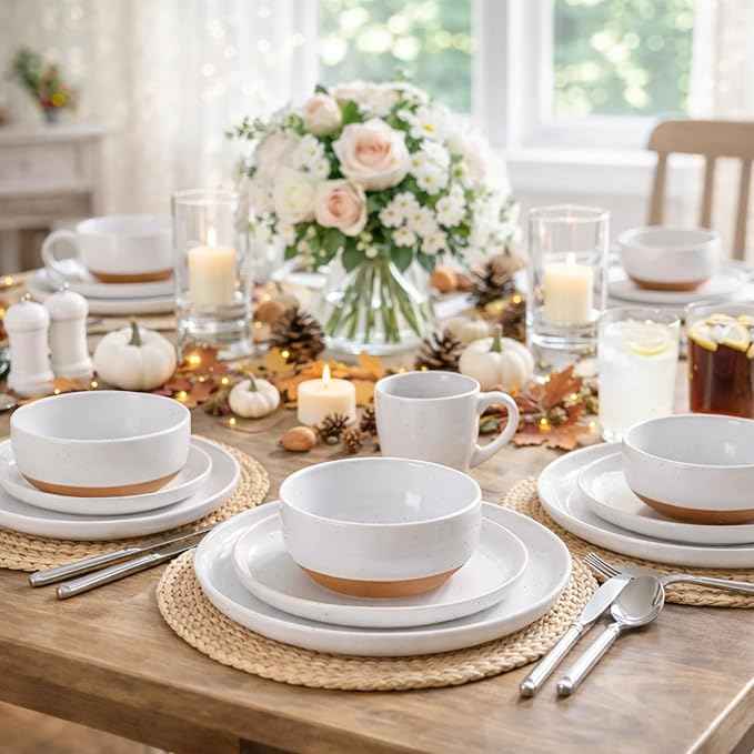 AmorArc Ceramic Dinnerware Sets for 8, 24 Pieces Handpainted Plates and Bowls Set with Rustic Terracotta Underside, Scratch Resistant Stoneware Dishes Set, Dishwasher & Microwave Safe, White