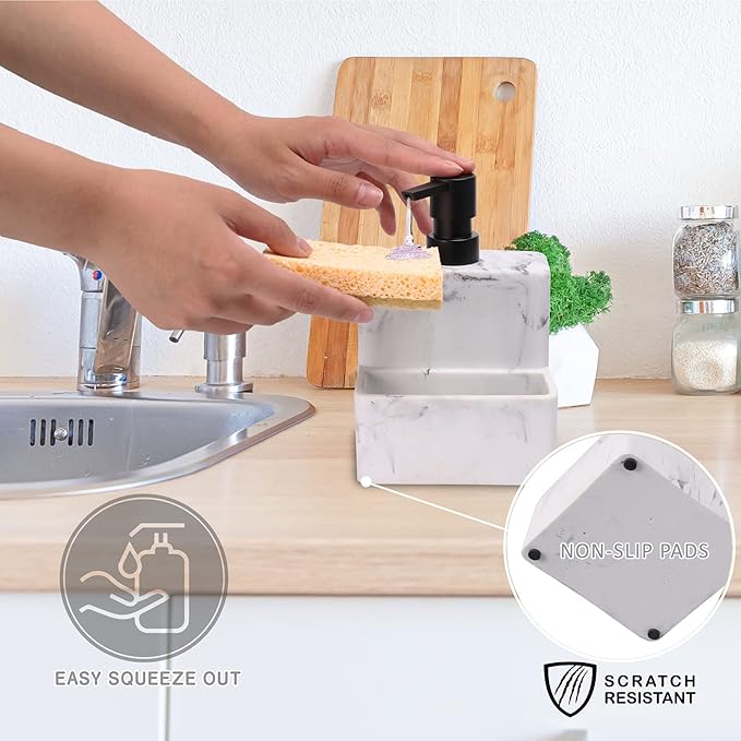 zccz Soap Dispenser with Sponge Holder, Marble Look Liquid Hand and Dish Soap Dispenser Pump Bottle and Sponge Holder 2 in 1 for Kitchen Sink Bathroom Counter Storage and Organization