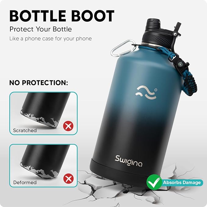 Swigina [2-IN-1 LID] Gallon Insulated Water Bottle with Silicone Boot (48hrs Cold/24hrs Hot) - DIY Stickers, Leakproof, BPA Free, 128 oz