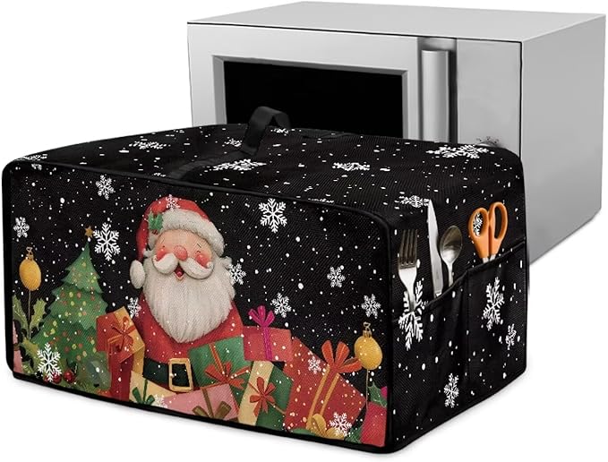 Toaster Oven Cover Dust-Proof Countertop Convection Oven Cover Protective Smart Microwave Oven Accessories and Decor, M, Santa Claus Snowflake Black Christmas Decor