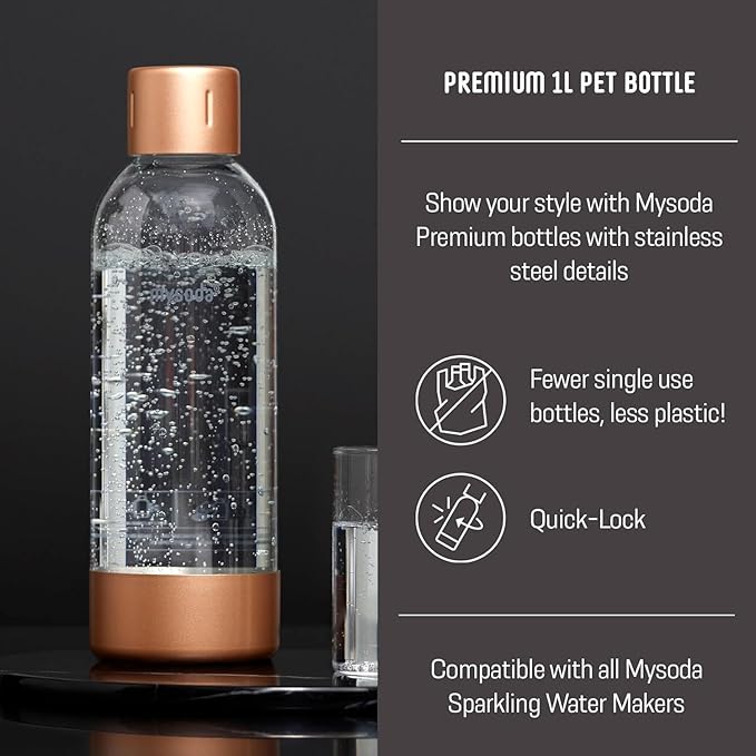 Mysoda Ruby 2 Soda Maker - Silent and Long-Lasting Aluminium Soda Maker with 1L Water Bottle - Without CO2 Cylinder - White Copper
