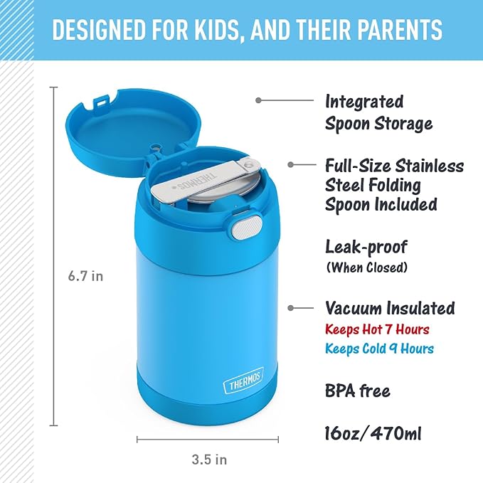 THERMOS FUNTAINER Insulated Food Jar, 16 Ounce, Kid Friendly Food Jar with Foldable Spoon, Denim Blue