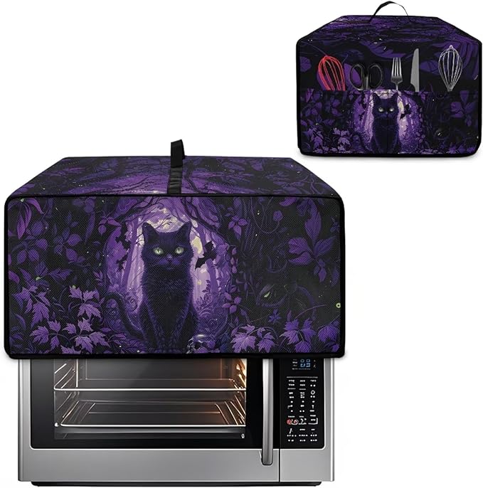 Countertop Convection Oven Cover Decorative and Protective Air Fryer Toaster Oven Dust Cover for Home Kitchen Indoor Decor, L, Black Cat Skull Bat Violet Forest Halloween