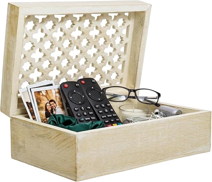 Mela Artisans Trellis Mango Wood Decorative Storage Box – Hand-Carved Wooden Jewelry Box for Keepsakes, Accessories & Home Decor – Whitewash, Large, 9 x 6 x 3.5
