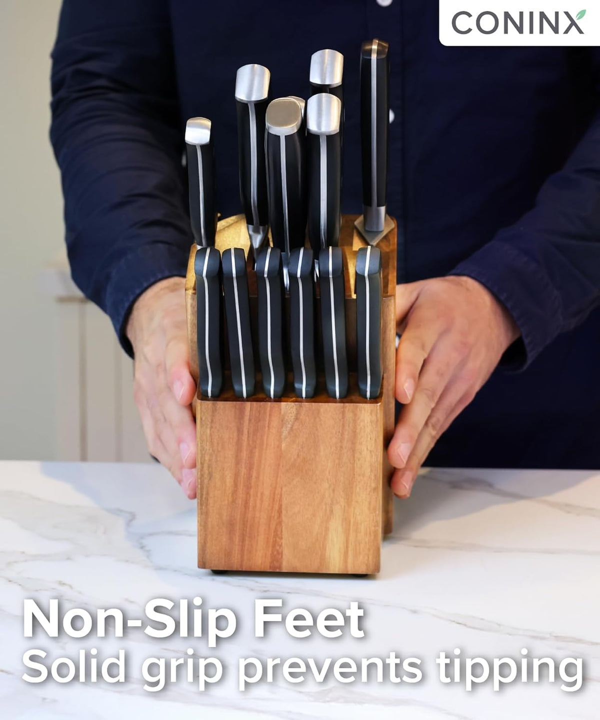 Coninx Universal Knife Block with Built-In Sharpener – 15-Slot Acacia Wood Knife Organizer Stand for Kitchen Counter – Non-Slip Holder Fits Chef, Bread, Steak Knives & Scissors